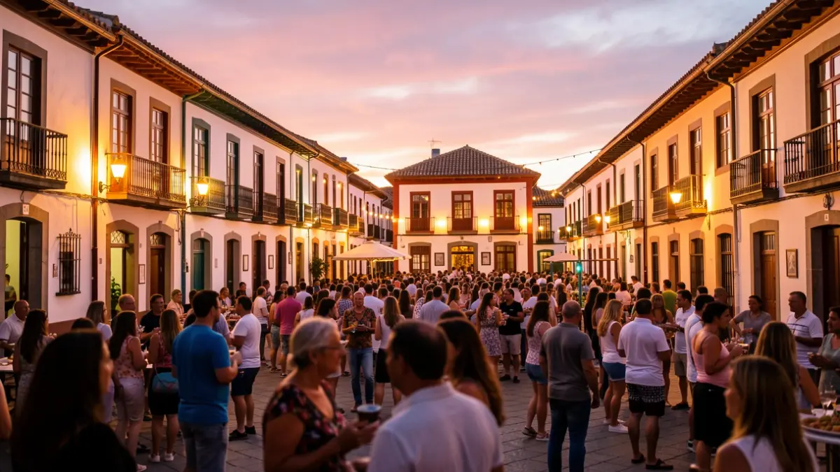 Generic image of a Canarias town square at sunset with historic buildings and people.