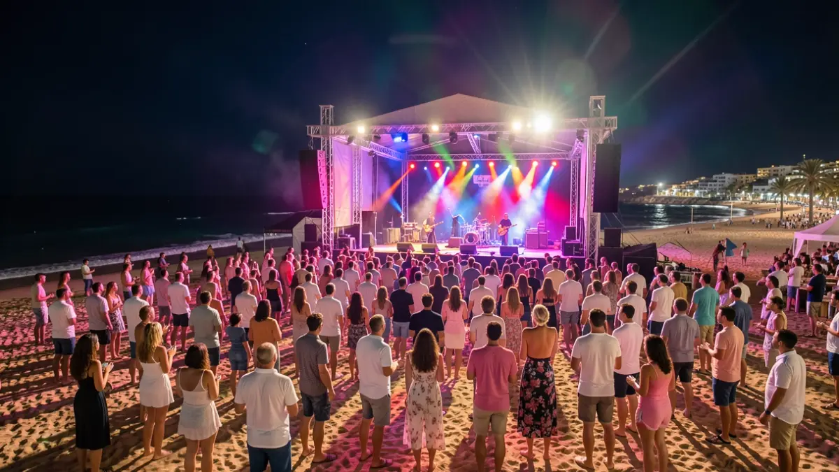Generic image of an outdoor music festival on the beach at night.