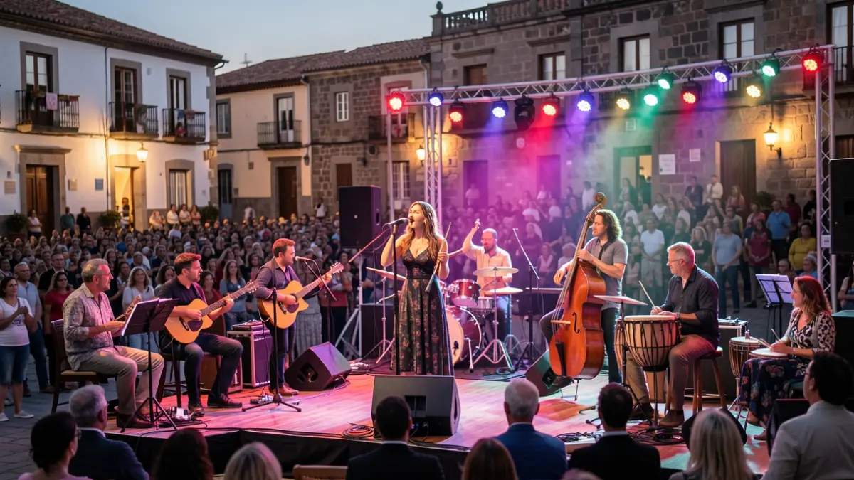 Imagen genérica de un concierto al aire libre en una plaza con músicos y público.