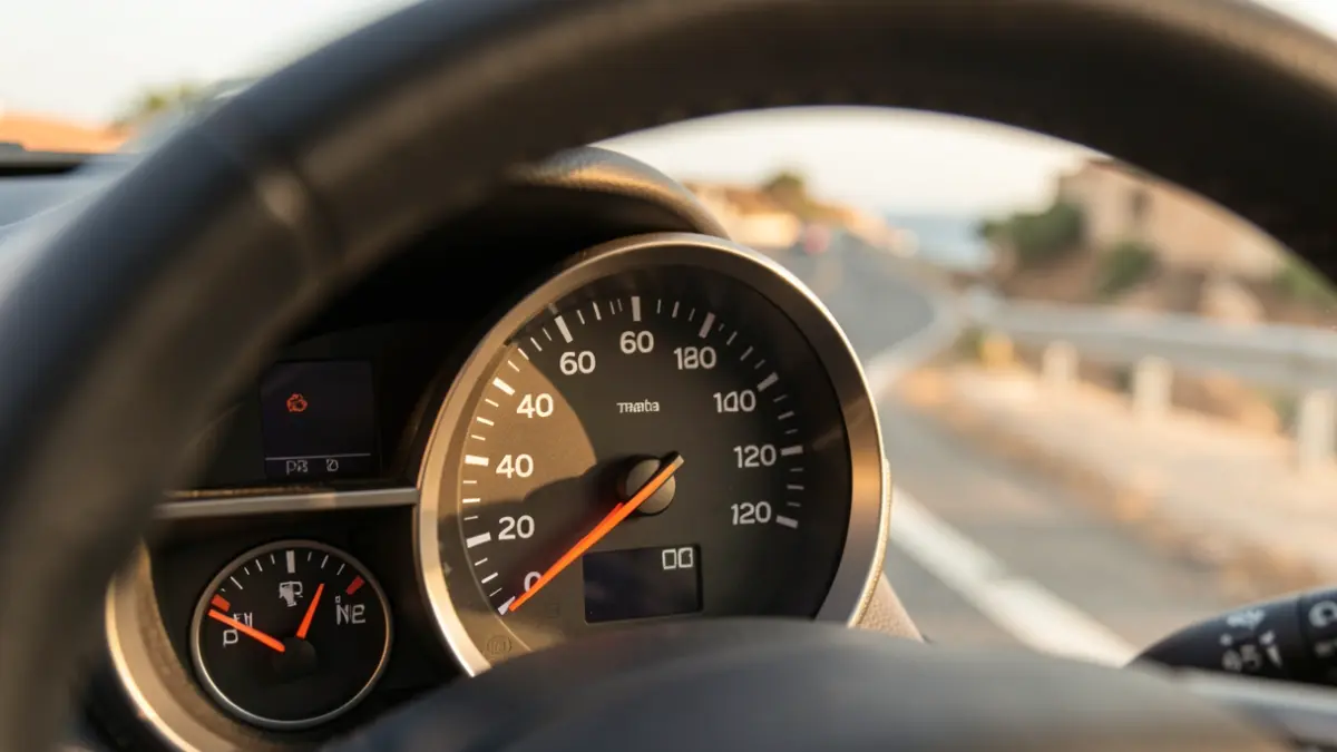 Image of a car dashboard showing the speedometer and fuel gauge, with a blurred background of a road in the Canary Islands.