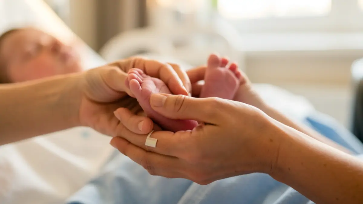 Mother's hands holding a newborn baby's feet in a hospital setting.