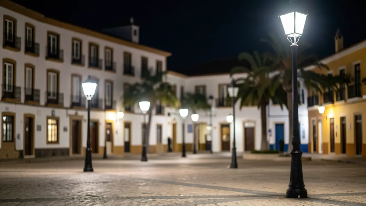 Imagen genérica de farolas LED iluminando una calle y plaza pública en Canarias por la noche.