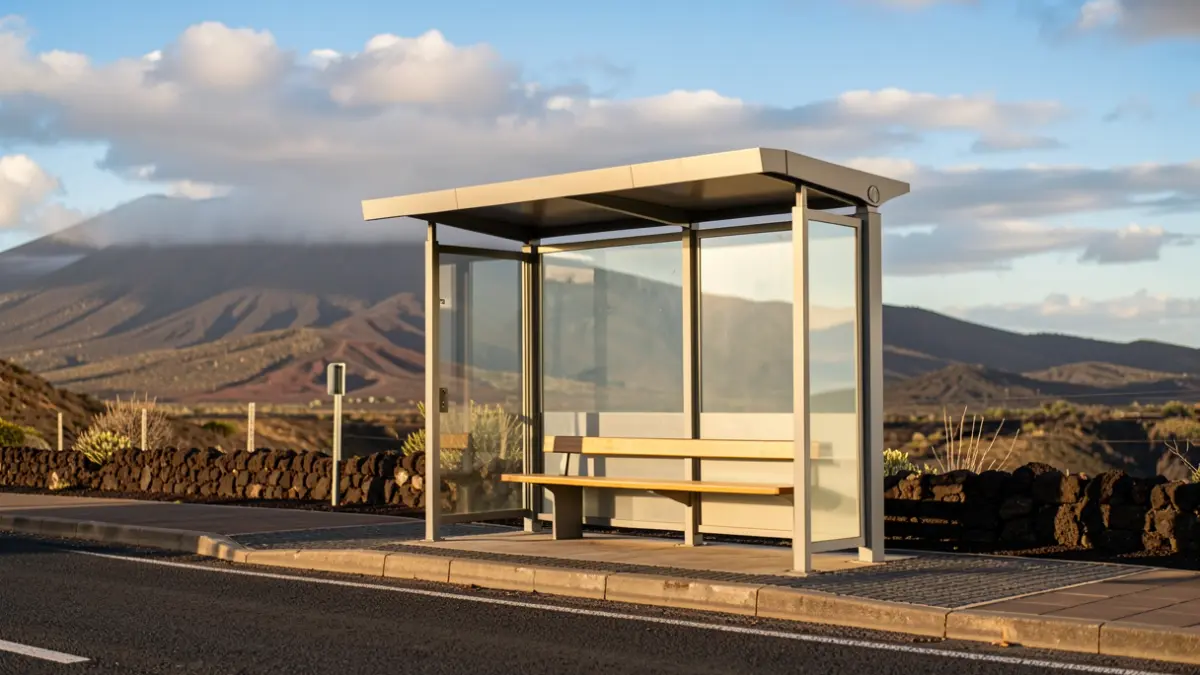 Parada de guaguas en Tenerife con paisaje volcánico al fondo.