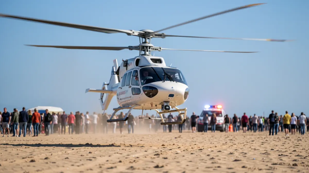 Helicóptero medicalizado aterrizando en la playa de Anfi del Mar para atender a una menor.