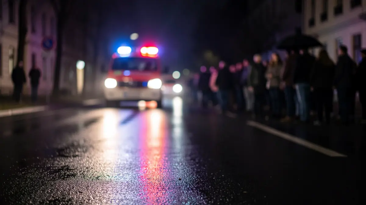 Imagen genérica de luces de emergencia reflejándose en asfalto mojado por la noche.