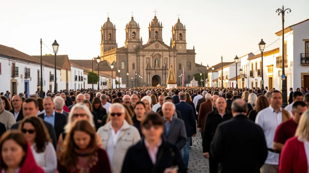 Generic image of a religious procession in Candelaria, Tenerife, with the Basilica in the background.
