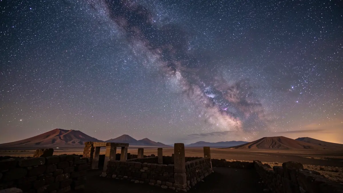 Cielo nocturno estrellado sobre ruinas antiguas en Fuerteventura, con la Vía Láctea visible.