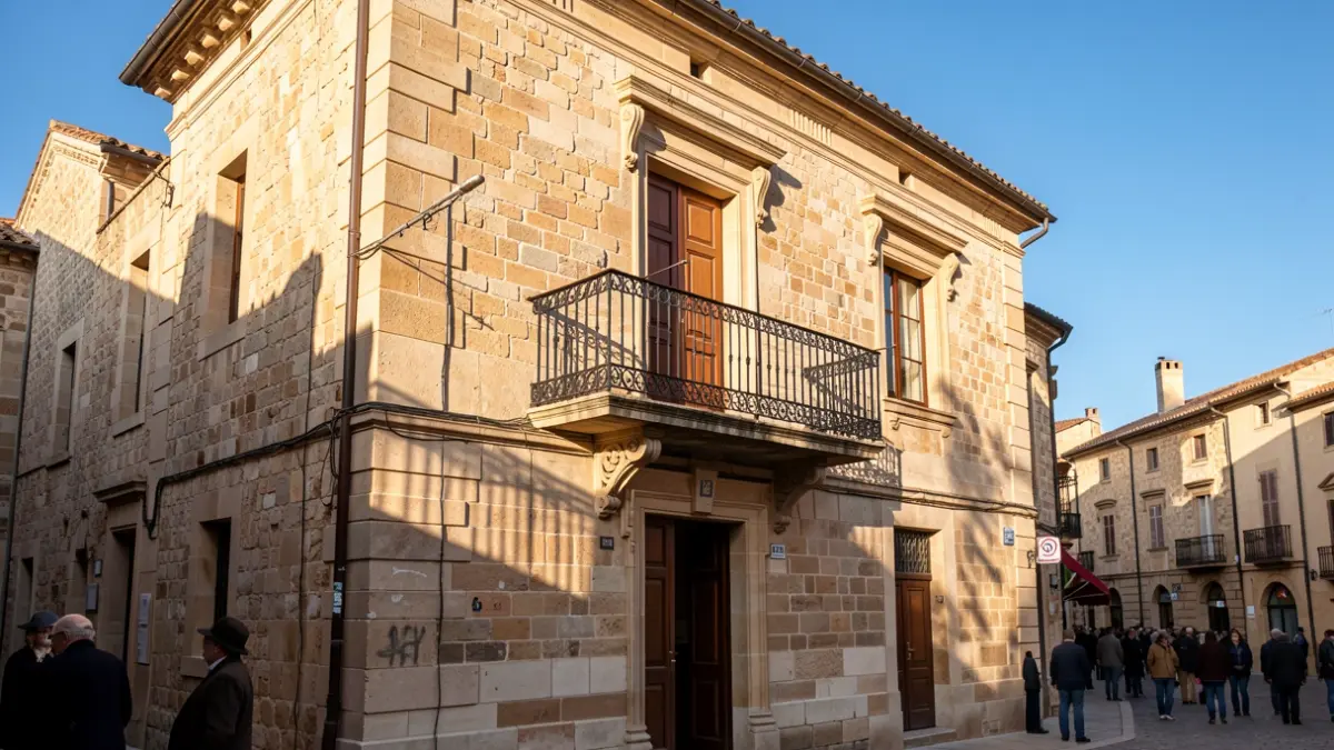 Fachada de un ayuntamiento tradicional de Canarias con balcón y barandillas de hierro, luz cálida de la tarde.