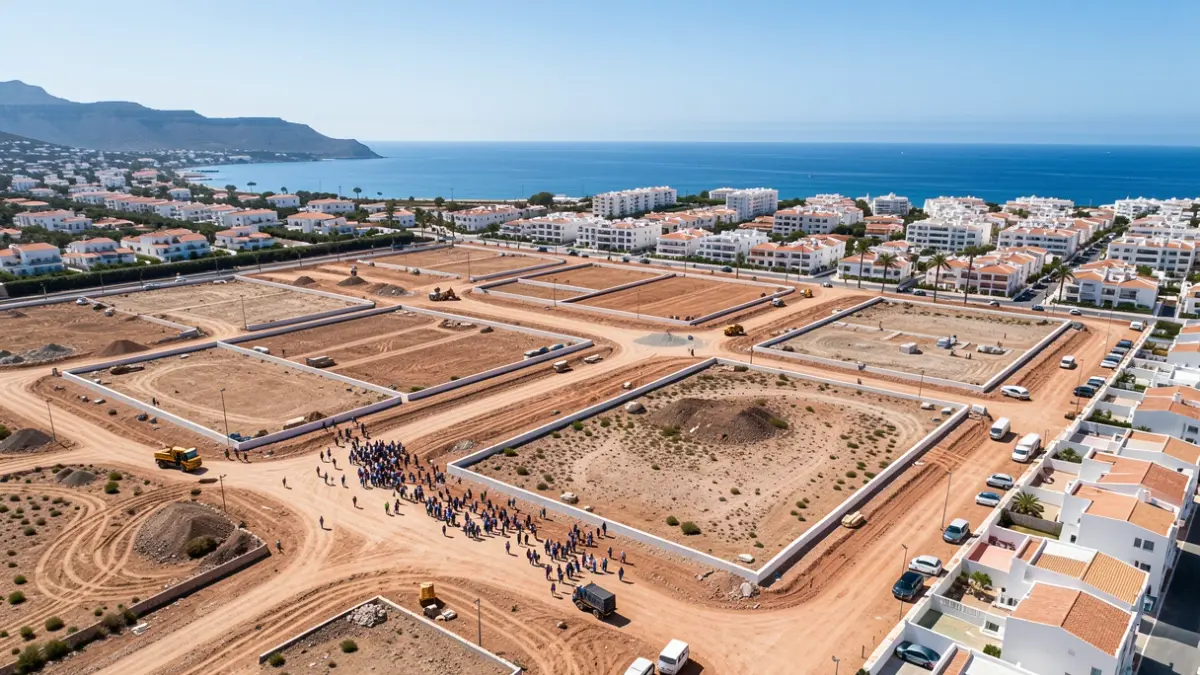 Aerial view of a construction area in Mogán, Gran Canaria, with plots designated for affordable housing.