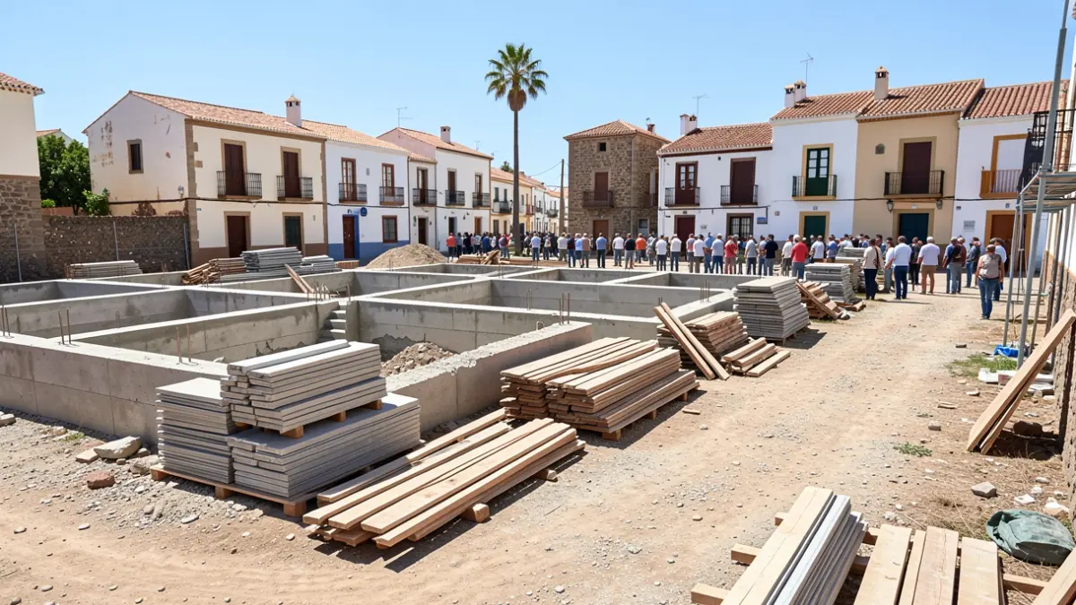 Deserted construction site in Mogán with stacked materials and unfinished foundations.
