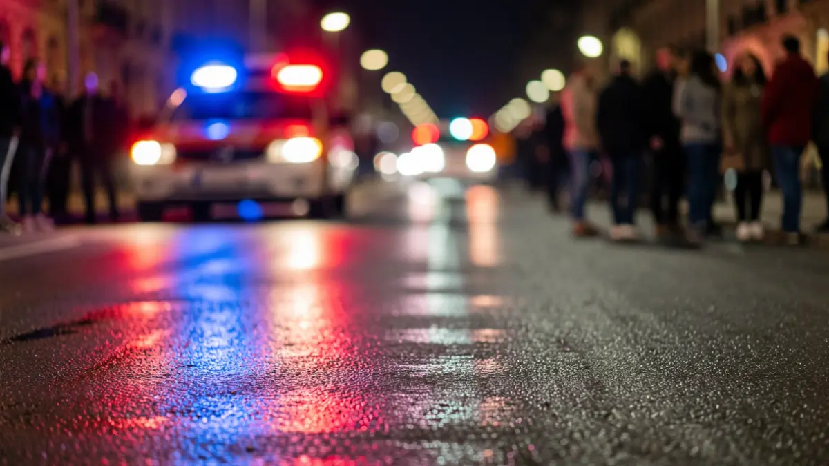 Generic image of emergency lights reflecting on wet asphalt at night.