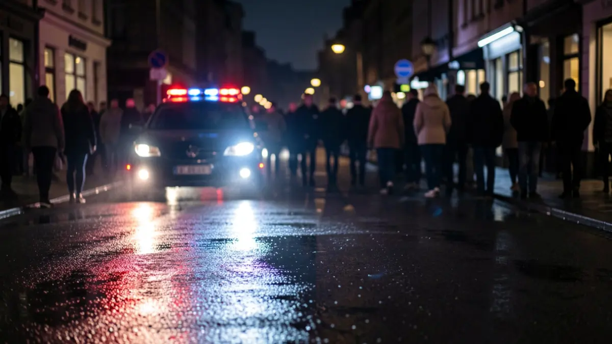 Imagen genérica de luces de emergencia reflejándose en asfalto mojado por la noche.