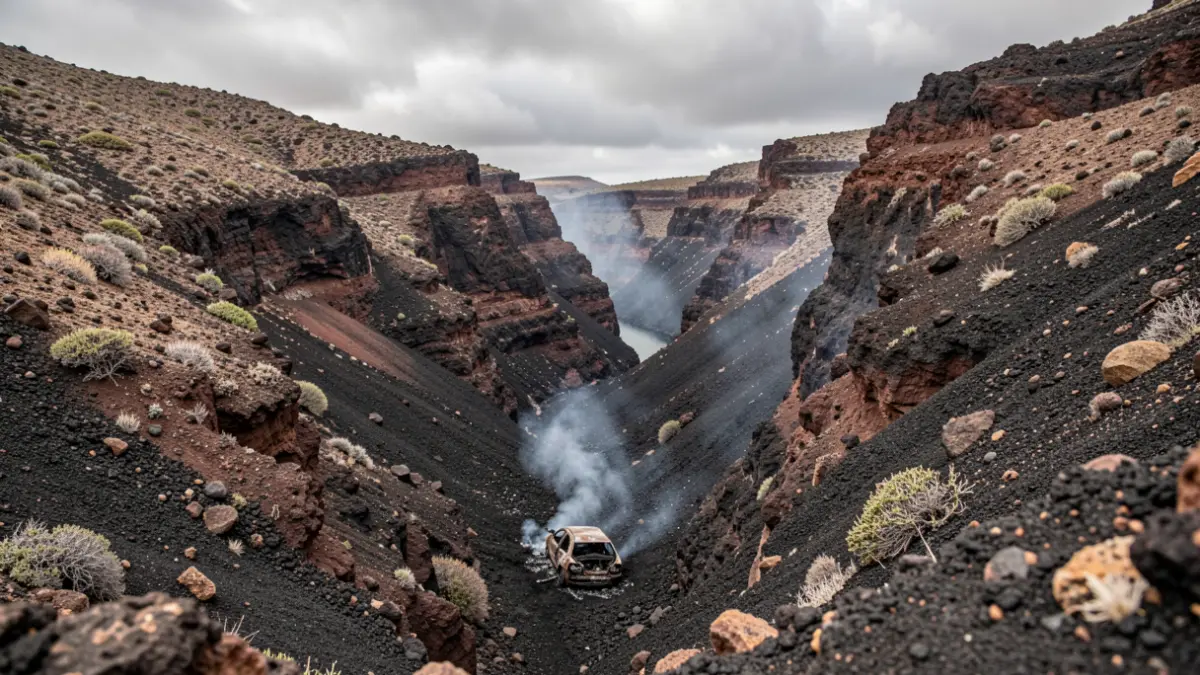 Coche calcinado al fondo de un barranco rocoso en Gáldar, Gran Canaria.