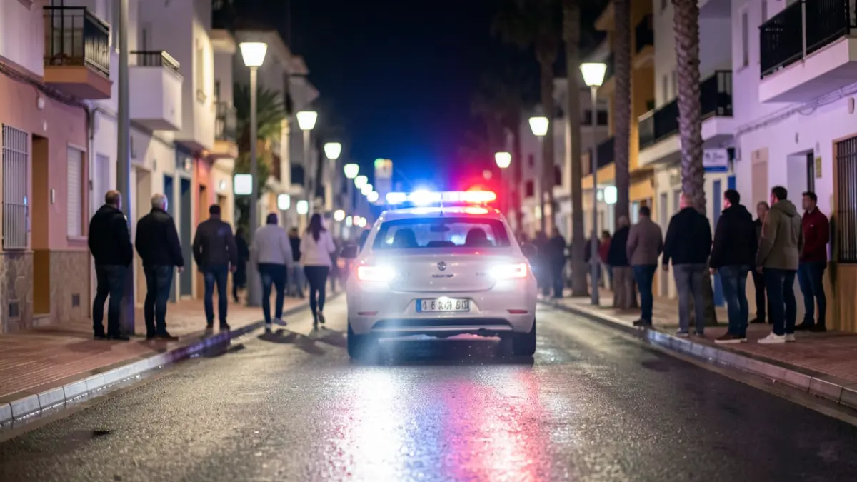 Generic image of emergency lights reflecting on wet asphalt at night in a street in Adeje.