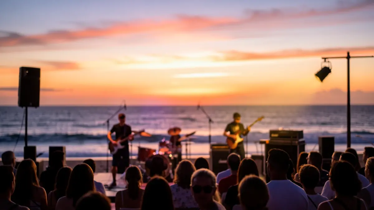 Imagen genérica de un concierto al aire libre en la playa de Las Canteras al atardecer.
