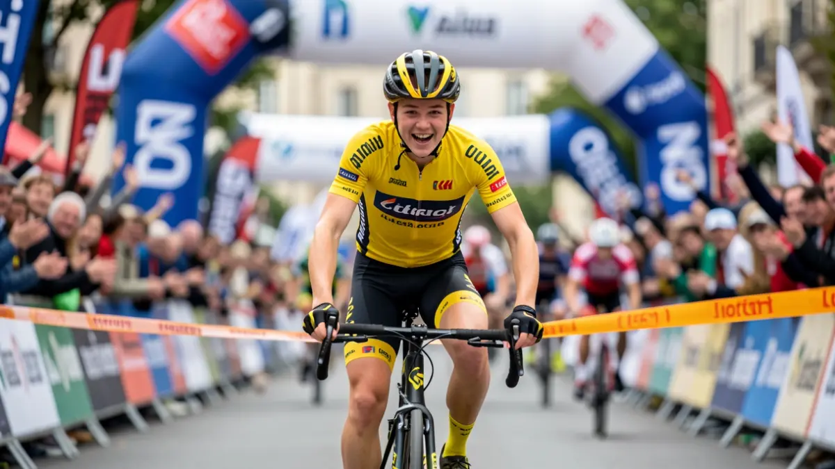 Ciclista joven con maillot amarillo cruzando la meta.