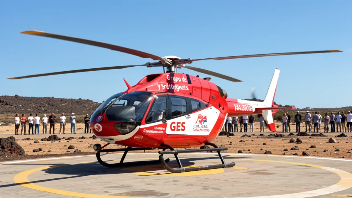 Rescue helicopter of the GES of the Canary Islands Government on a helipad.