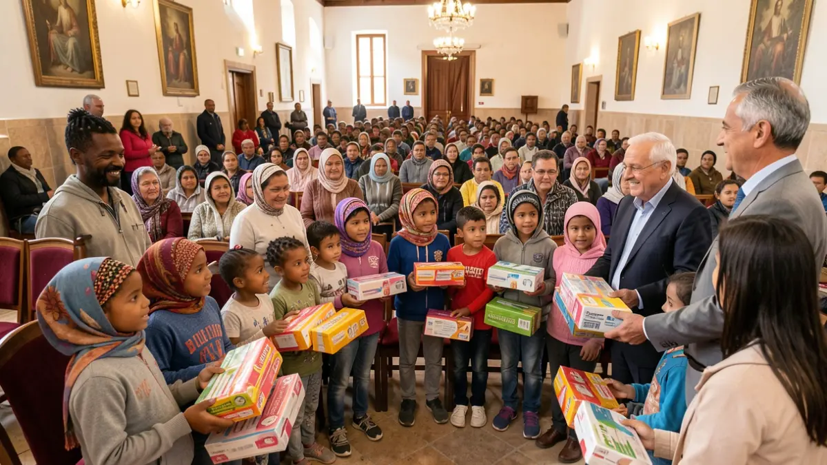 Sahrawi children from the 'Vacaciones en Paz' program receive school supplies and medicine in Teror.