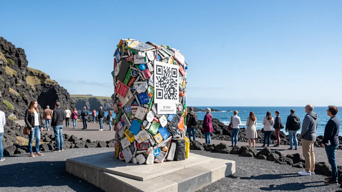 Sustainable art sculpture in La Bombilla, Los Llanos de Aridane, featuring a QR code.