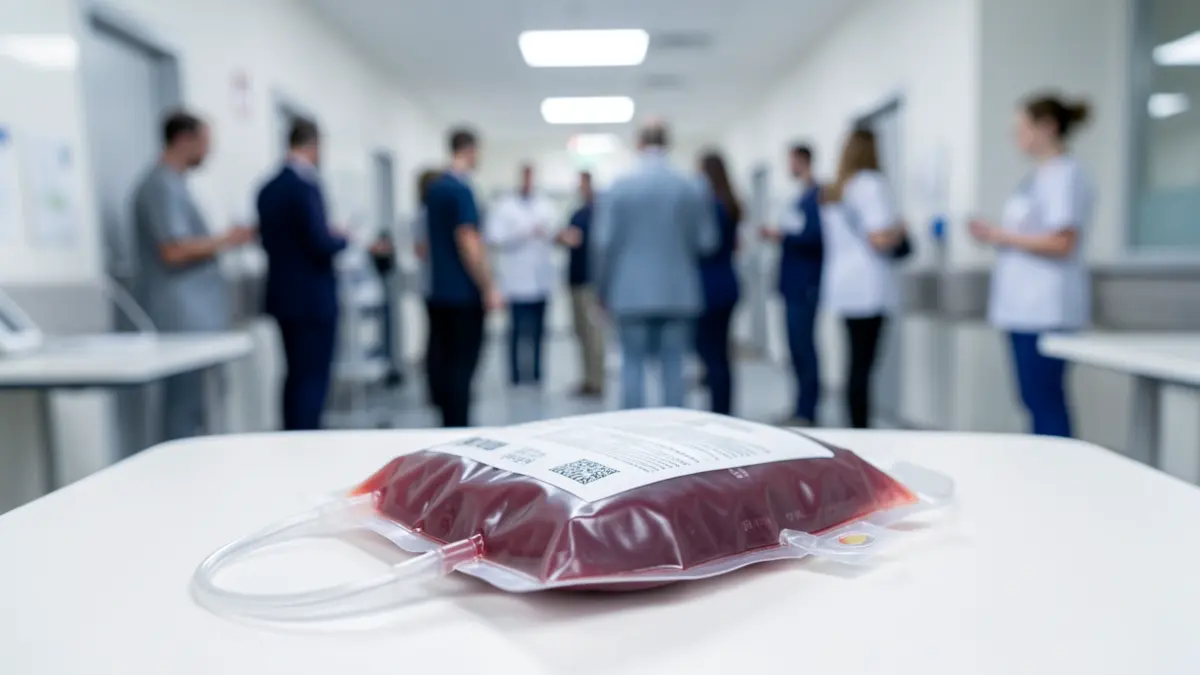 Imagen genérica de una bolsa de donación de sangre en un entorno clínico.