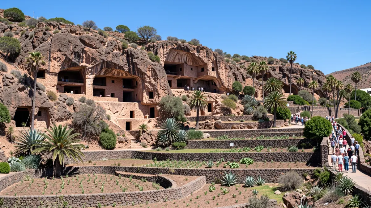 Cuevas de Risco Caído y bancales de cultivo en Gran Canaria.