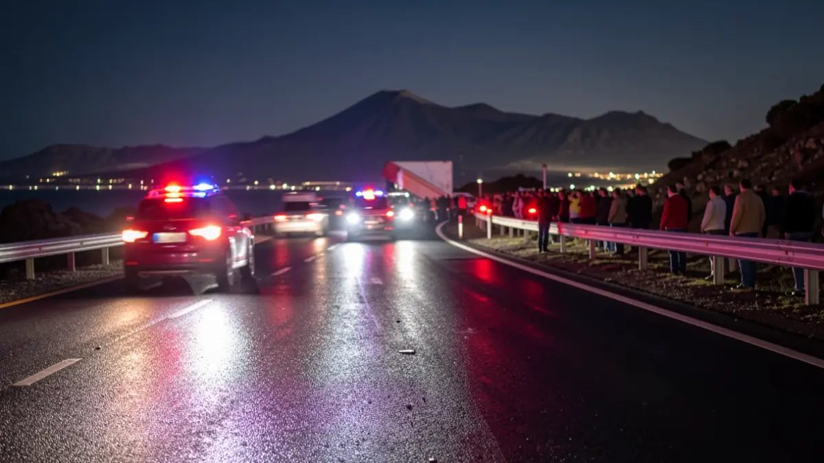 Generic image of emergency lights on wet asphalt at night on a road in Gran Canaria.