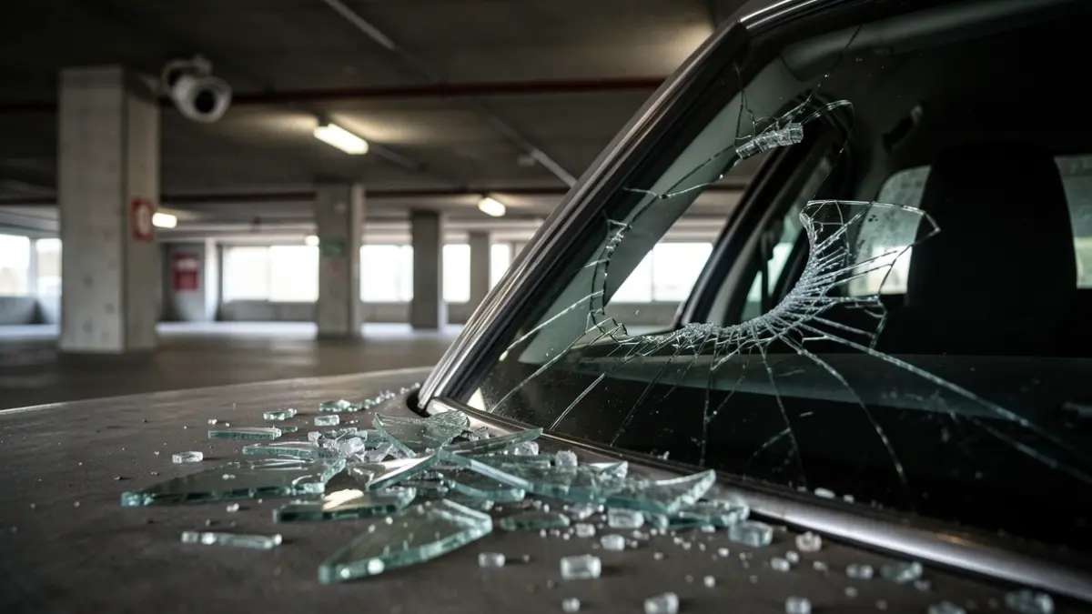Image of a broken car window inside a dark garage.