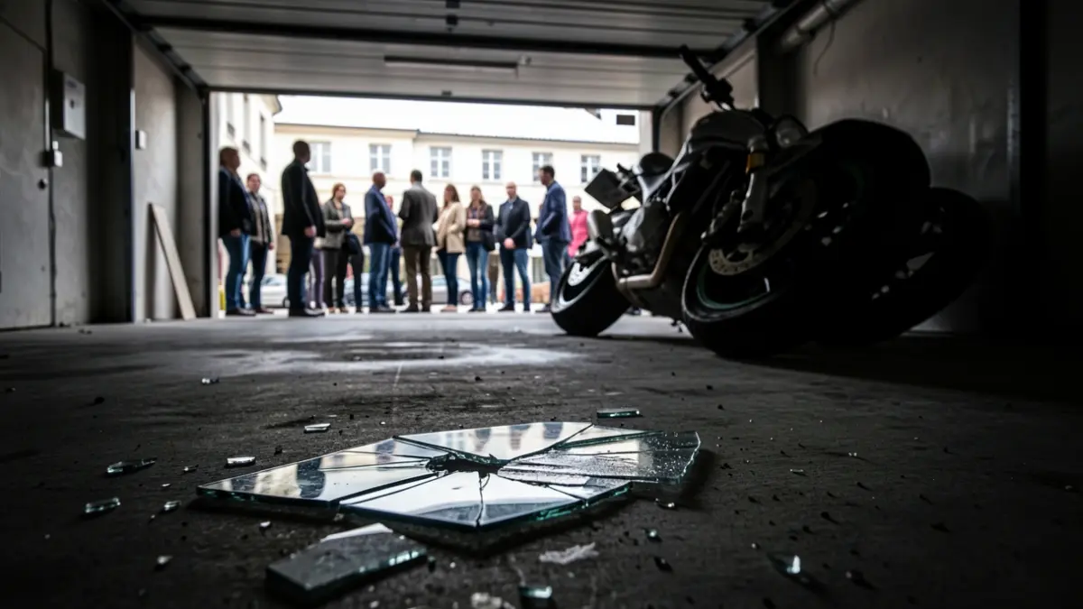 Cristales rotos y una motocicleta tirada en el suelo dentro de un garaje oscuro tras un robo.