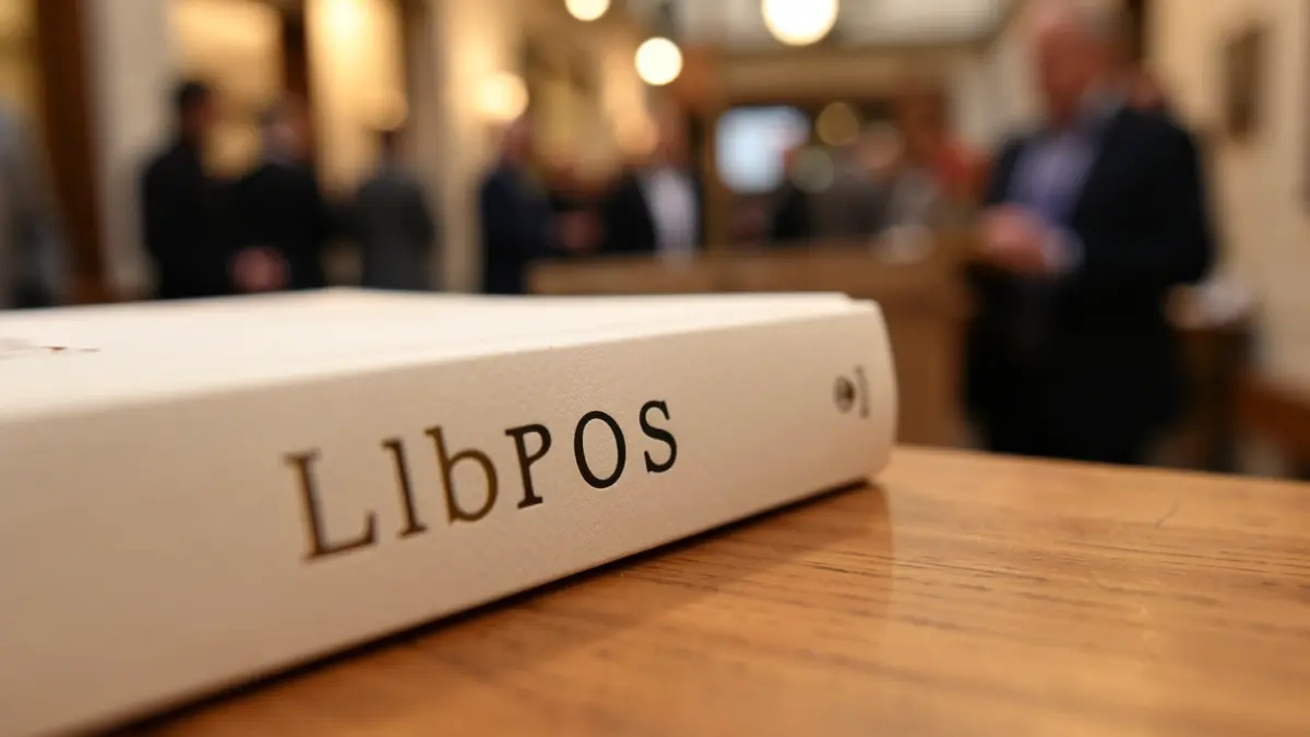 Primer plano del lomo de un libro sobre un mostrador de madera, con el título 'Libros' desenfocado al fondo.