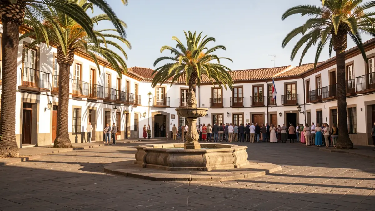 Imagen genérica de una plaza canaria con arquitectura tradicional y fuente de piedra.