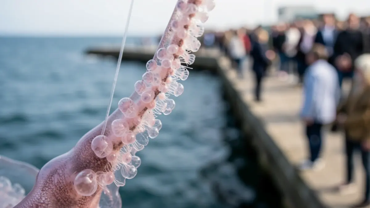 Primer plano de un tentáculo de medusa con células urticantes visibles, agua de mar borrosa al fondo.
