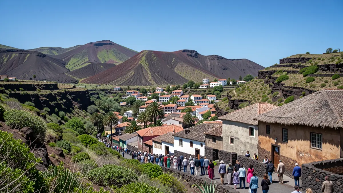 Imagen genérica de un pueblo canario en un valle con arquitectura tradicional y paisaje volcánico.