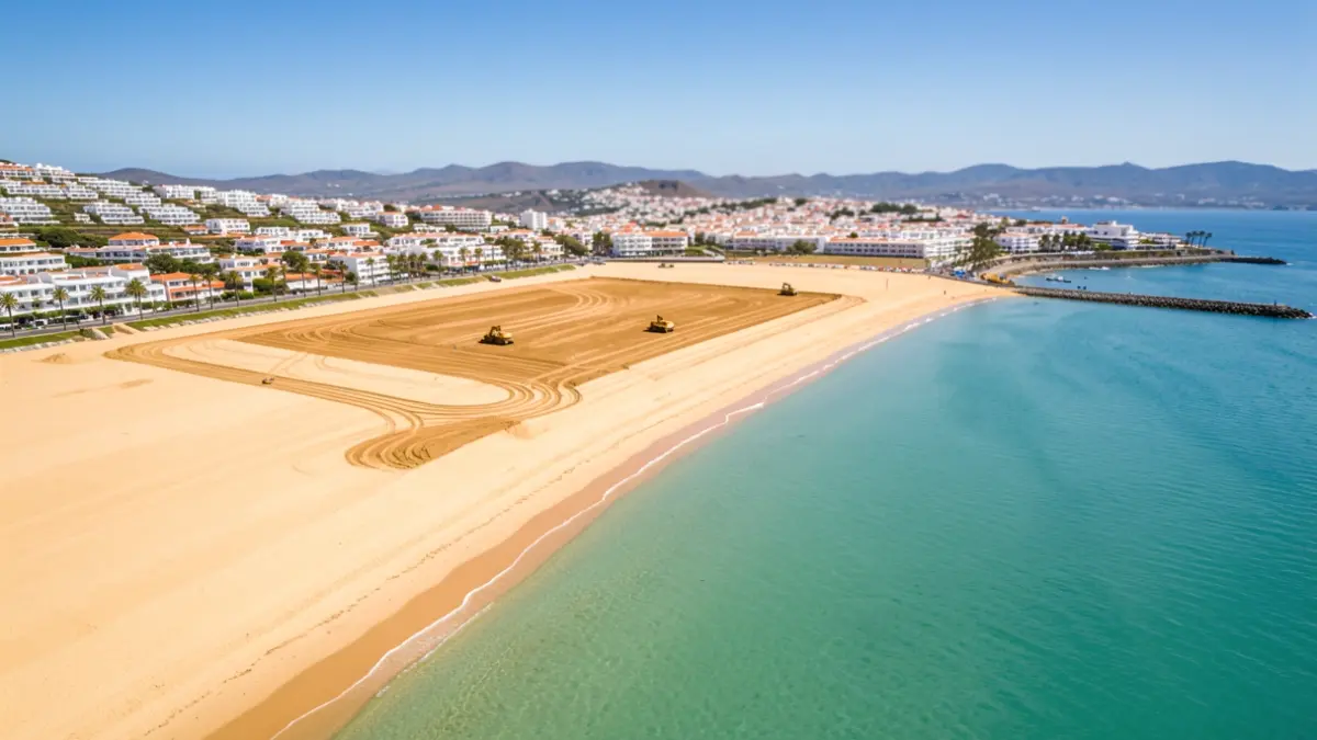 Aerial view of Muelle Chico beach in Corralejo after sand leveling and repair work.
