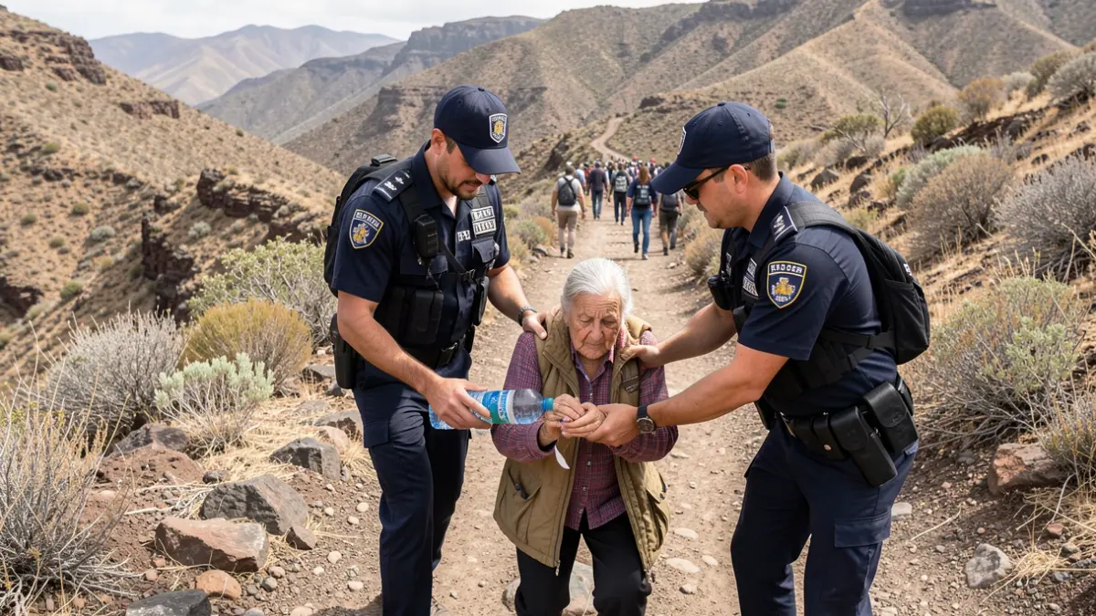 Canarian police officers help a disoriented tourist on a hiking trail in Tejeda.