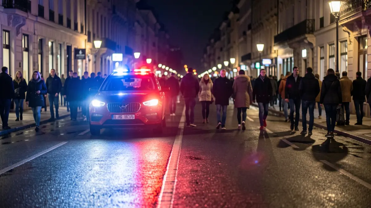 Imagen genérica de luces de emergencia policiales reflejando en asfalto mojado.