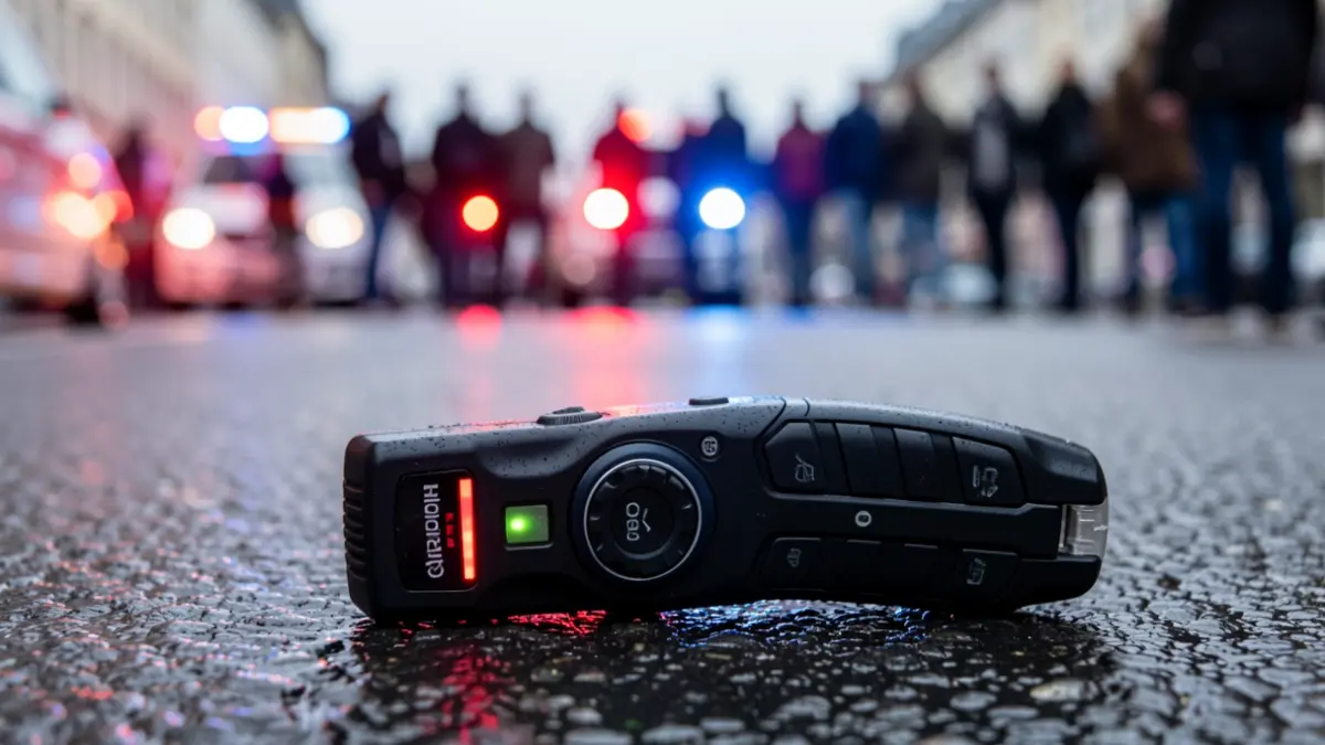 Dispositivo Taser de la Policía Local con batería baja sobre asfalto mojado, con luces de emergencia borrosas al fondo.
