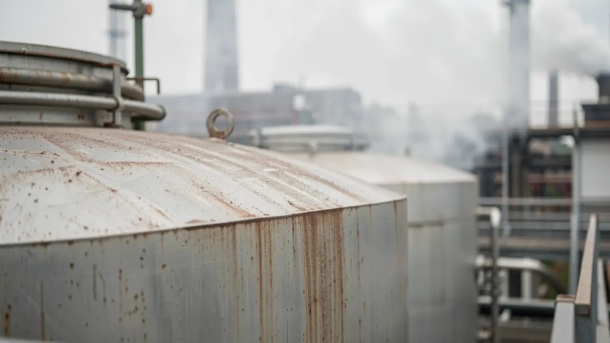 Tanques de combustible industriales con una ligera neblina de fondo.