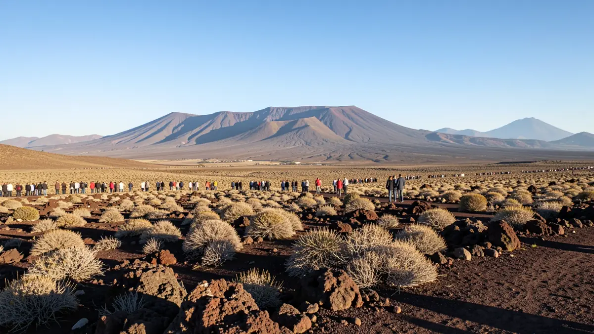 Paisaje volcánico de Gran Canaria con vegetación seca y montañas distantes bajo un cielo azul claro, luz solar cálida proyectando sombras.