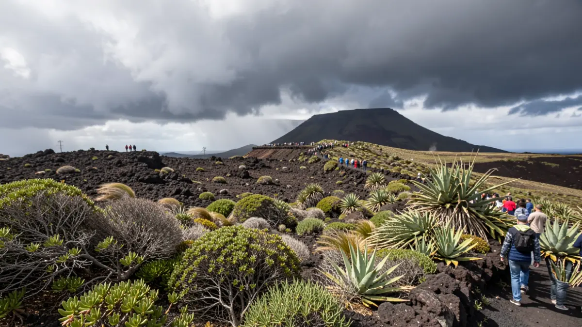 Generic image of a volcanic landscape in the Canary Islands with storm clouds.