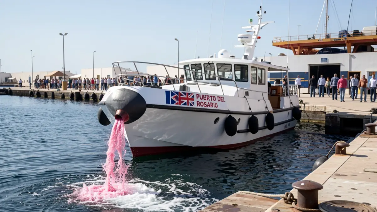 Embarcación extranjera vertiendo líquido rosáceo en el muelle de Puerto del Rosario, Fuerteventura.