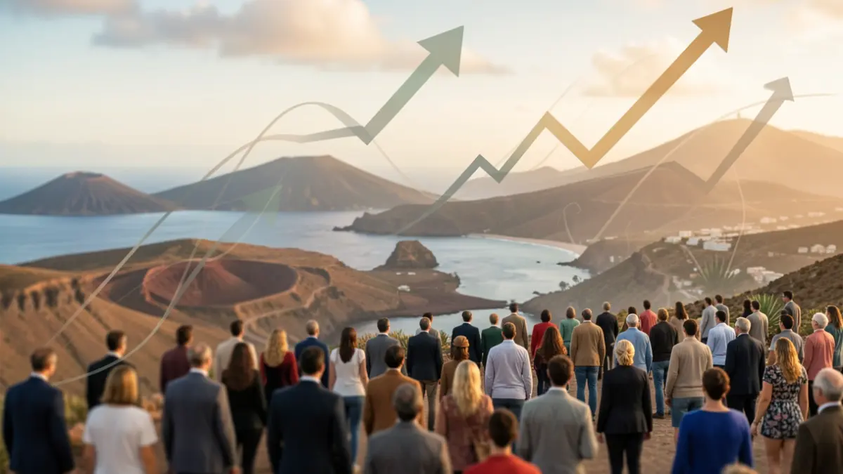 Generic image of a Canarian volcanic landscape with graphic elements symbolizing rising industrial prices and energy costs.