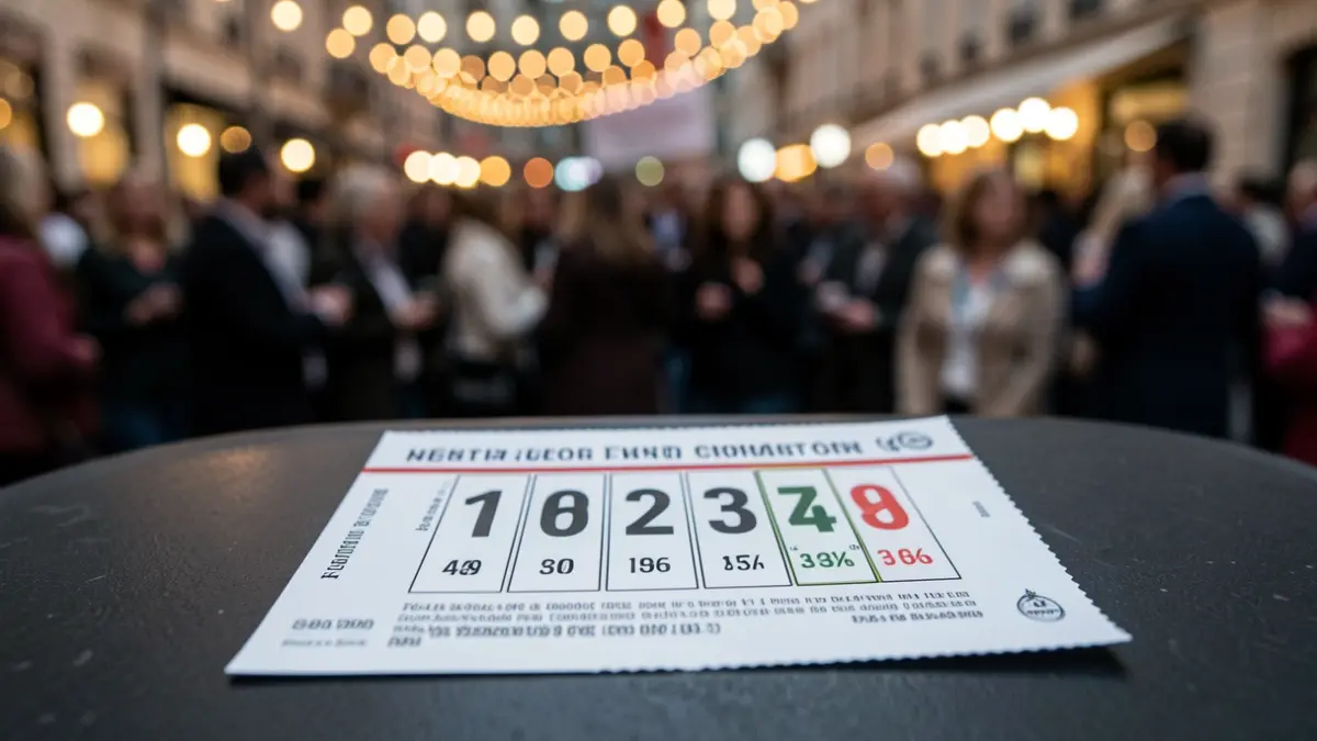 Boleto de lotería con números ganadores destacados.
