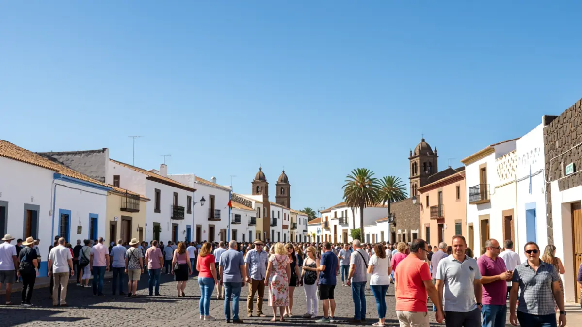 Cielo despejado y soleado sobre Betancuria, Fuerteventura, con arquitectura tradicional canaria.