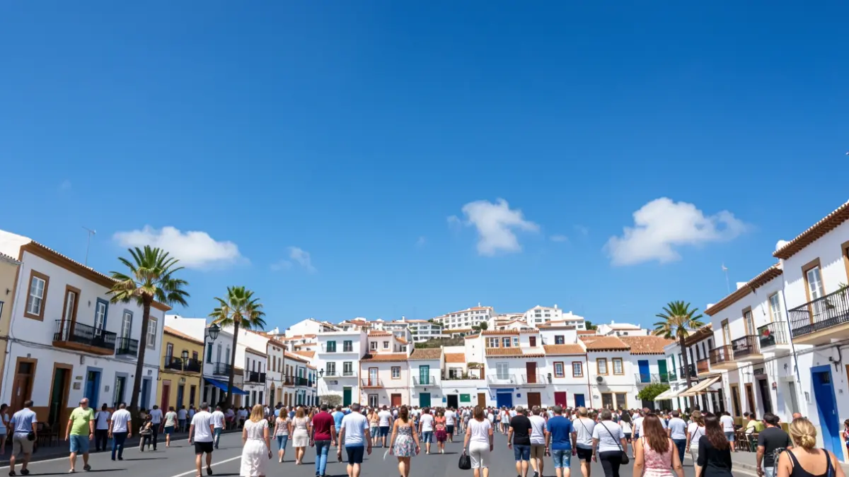 Clear sky over Ingenio, Gran Canaria, with sun and local architecture.