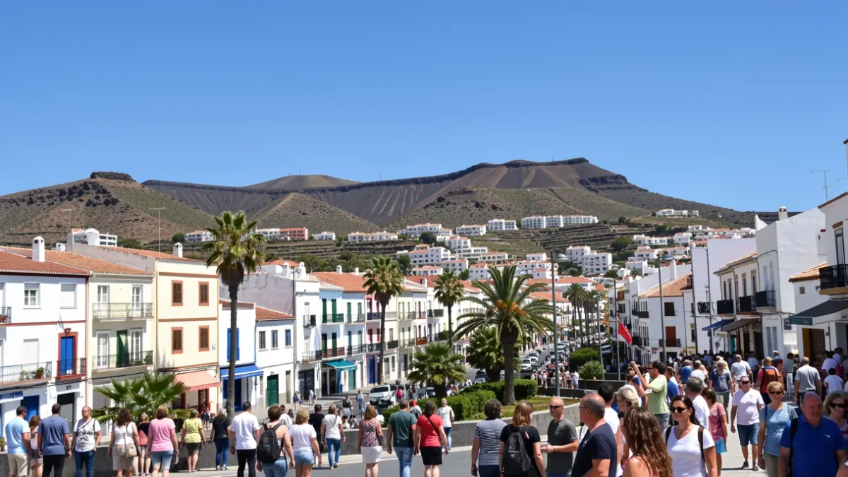 Sunny sky over a town in Gran Canaria with volcanic hills in the background.