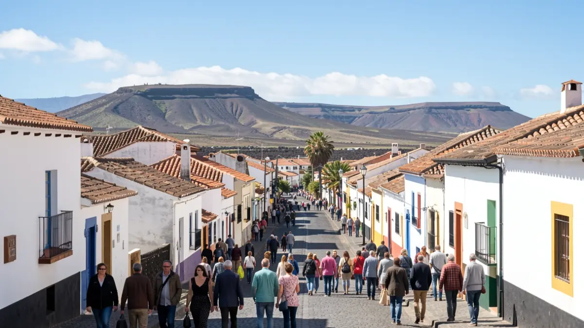 Cielo soleado sobre un pueblo con arquitectura canaria y paisaje volcánico.