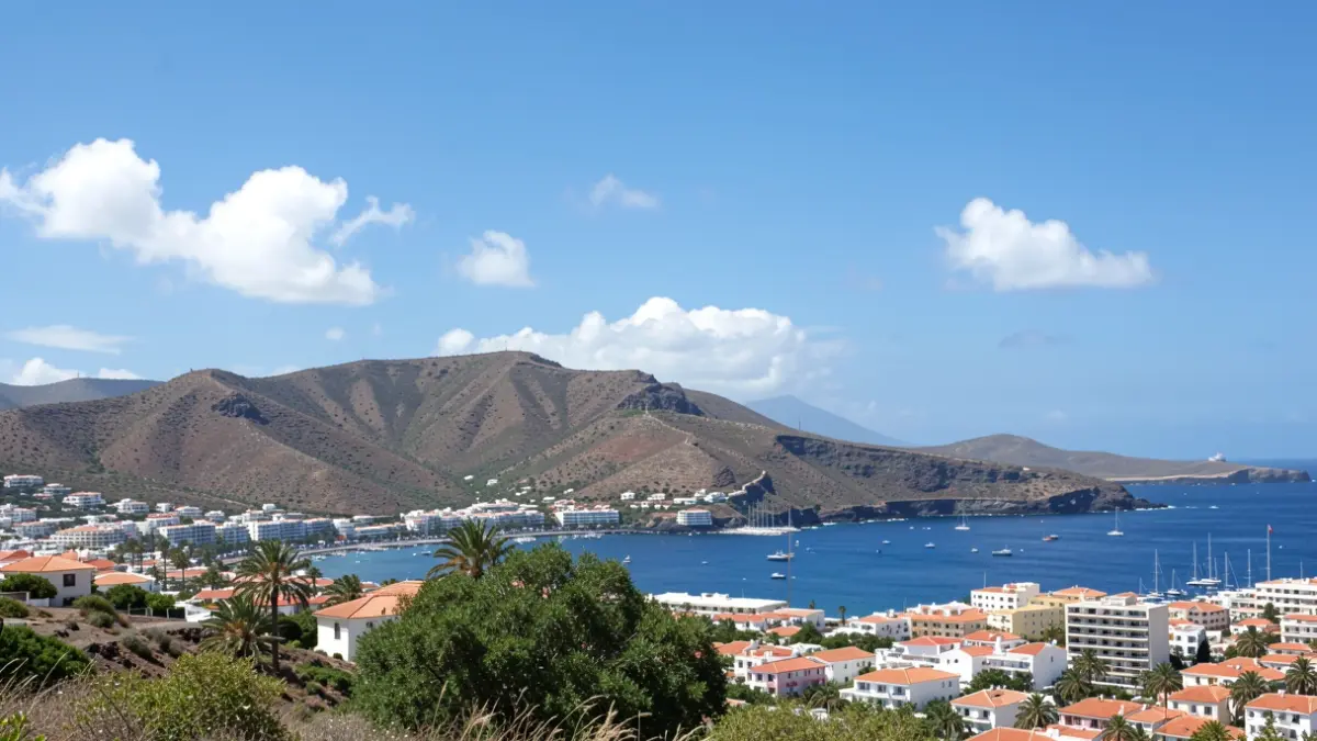 Sunny sky over a coastal town in the Canary Islands with volcanic hills in the background.