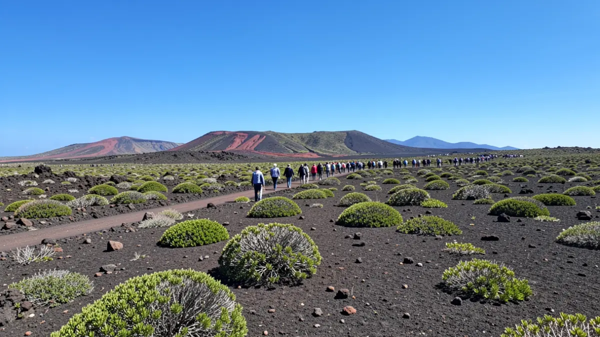 Clear sky over a volcanic landscape in Canarias with sparse vegetation.