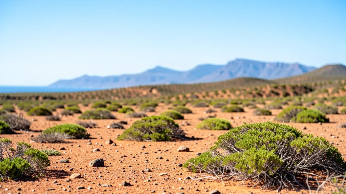 Sunny sky over an arid and mountainous landscape in the Canary Islands.