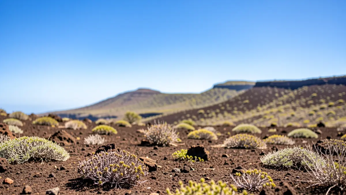 Sunny sky over a volcanic landscape with sparse vegetation, typical of the Canary Islands.